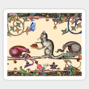 WEIRD MEDIEVAL BESTIARY THREE HUNTER CATS AND MOUSE Sticker